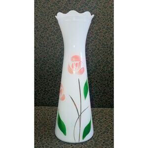 VTG Bartlett Collins Hand Painted pink rose Blown Glass Vase with Tulip Rim